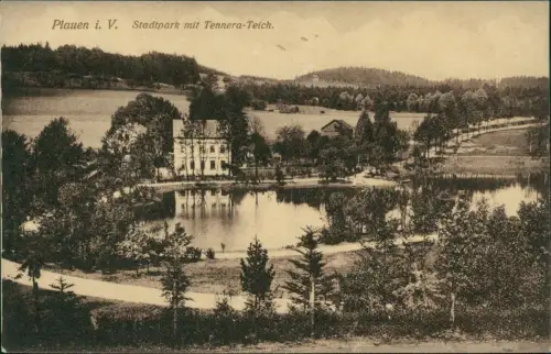 Ansichtskarte Plauen (Vogtland) i.V. Stadtpark mit Tennera-Teich. 1915