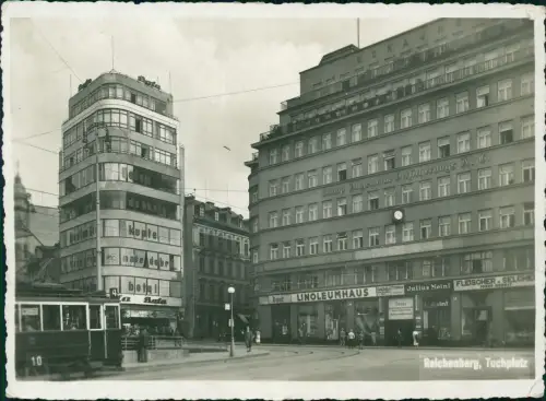 Postcard Reichenberg Liberec Tuchplatz Geschäfte Straßenbahn 1934