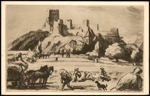 Postcard Rabí Ernte unter der Burgruine Rábí Künstlerkarte 1930