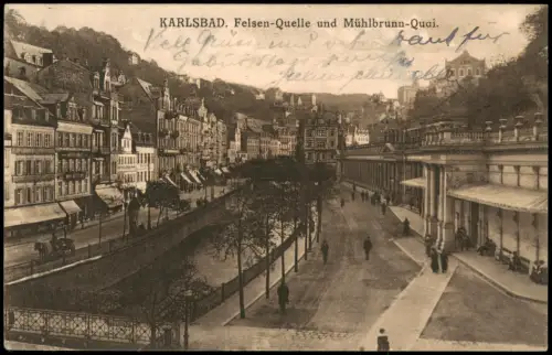 Postcard Karlsbad Karlovy Vary Felsen-Quelle und Mühlbrunn-Quai 1924