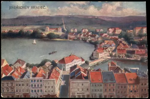 Neuhaus / Böhmen Jindřichův Hradec Panorama-Ansicht über den See 1915