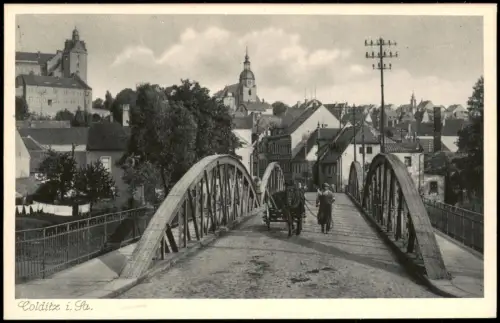 Ansichtskarte Colditz Fuhrwerk auf Brücke - Stadt 1928
