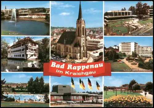 Bad Rappenau Mehrbild-AK u.a. Schloss, Hallenbad, Kurhaus, Sole-Hallenbad 1980