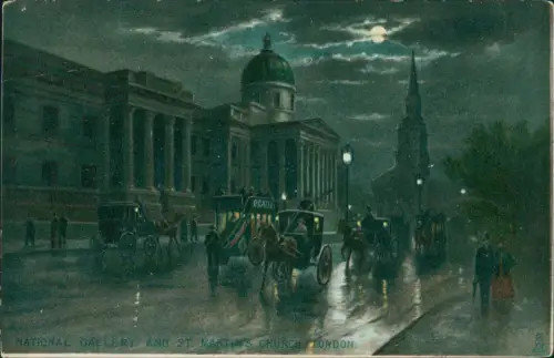 Postcard London Gallery an St. Martin Church at Night Mondschein 1903