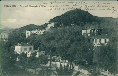 Cartolina Bordighera Torre dei Mostaccini e Ville. 1911