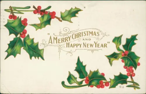 A MERRY CHRISTMAS Mistelzweige Weihnachten Christmas 1910 Goldprägung  USA