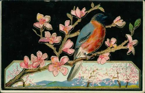 Künstlerkarte Vogel auf Kirschblütenzweig Lackschwarz 1912 Gold