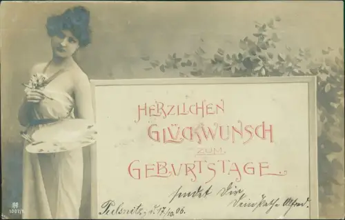 Ansichtskarte  Geburtstag Birthday Fotokunst schöne Frau mit Malpalette 1909