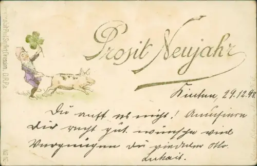 Neujahr Sylvester New Year Zwerg Kleeblatt Glücksschwein 1898 Gold