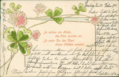 Künstlerkarte Spruch mit Glücksklee Jugenstil Ornamentik 1902 Gold
