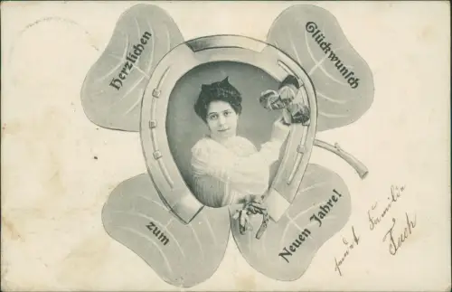 Ansichtskarte  Neujahr Sylvester New Year Frau im Glücksklee Hufeisen 1909
