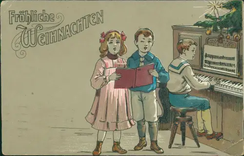 Weihnachten Christmas singende Kinder Klavier Künstlerkarte 1914 Prägekarte