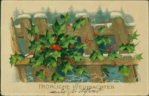 Weihnachten Christmas Misteln am Goldzaun Künstlerkarte 1912 Gold-Effekt