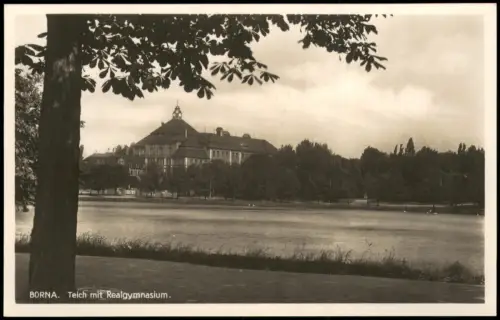 Ansichtskarte Borna Teich mit Realgymnasium. 1928