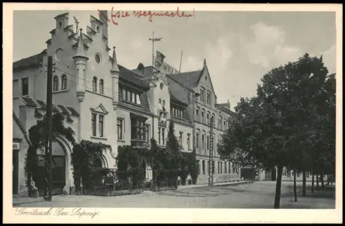Ansichtskarte Groitzsch Straßenpartie mit Stadthaus 1928