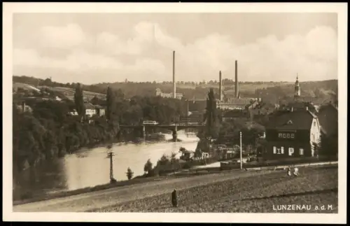 Ansichtskarte Lunzenau Stadt und Fabrikanlagen Schlote 1928