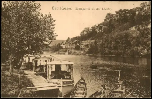 Bad Kösen Saalepartie an der Loreley, Ausflugsboote am Steg 1912