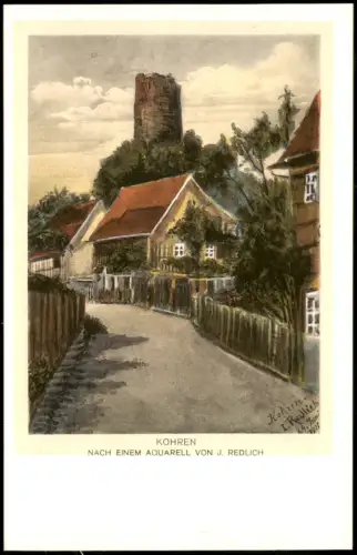Ansichtskarte Kohren-Sahlis Straßenszene nach Aquarell von J. Redlich 1928