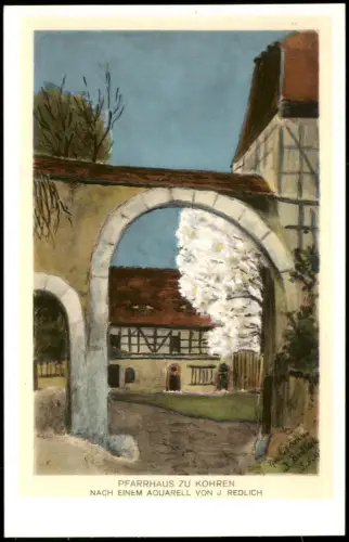 Ansichtskarte Kohren-Sahlis Pfarrhaus nach Aquarell von J. Redlich 1928
