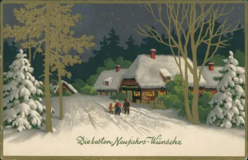 Neujahr Sylvester New Year Familie am Waldeshaus bei Nacht 1930 Goldprägung