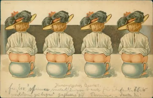 Künstlerkarte Mädchen auf Töpchen Scherzkarte Humoristisches Quartett 1901