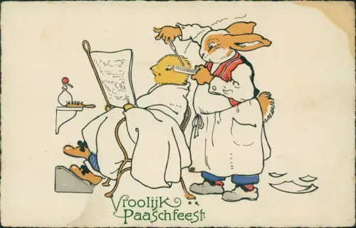 Ostern Easter Tiere als Menschen Osterhase als Frisör Küken 1921