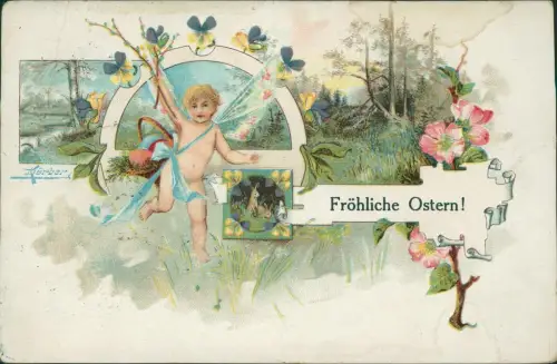 Ansichtskarte Litho AK Ostern Easter Engel Osterhase Künstlerkarte MB 1914