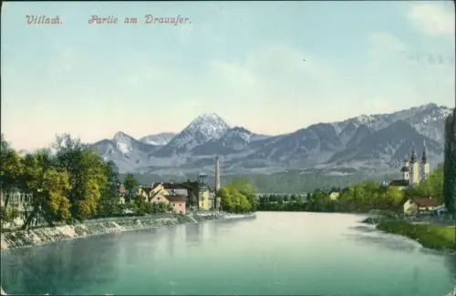 Ansichtskarte Villach Partie am Drauufer. 1908