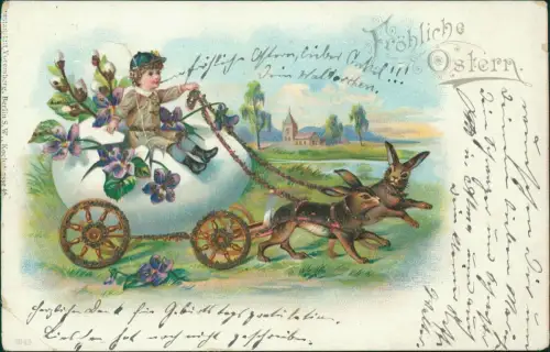 Litho AK Ostern Easter Junge auf Osterwagen gezogen von Hasen 1901