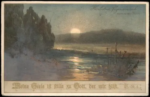 Ansichtskarte  Abendliche Flusslandschaft mit Psalm 62,2, Neujahrsgrüße 1926