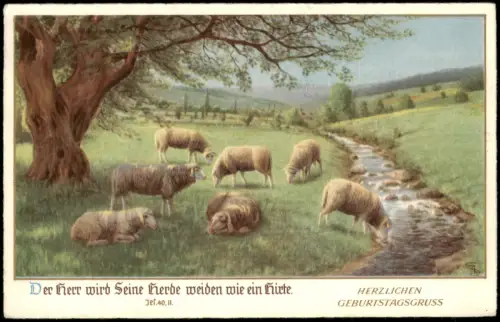 Schafherde am Bachlauf  Bibelspruch Geburtstagsgruß 1937 Stempel Charlottenburg