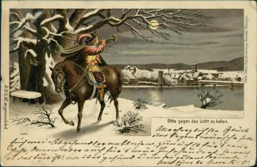 Ansichtskarte  Künstlerkarte Trompeter auf Pferd - Halt gegen das Licht 1899