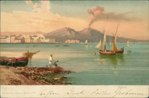 Cartolina Neapel Napoli Angler am Ufer Vesuv und Segelboote 1901