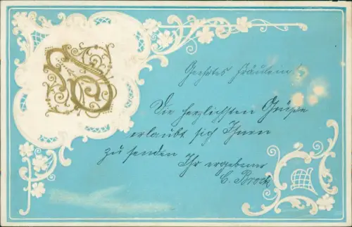 Künstlerkarte Hellblau weißes Ornament Goldsignum 1900 Goldprägung