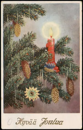 Finnische Weihnachtskarte mit brennender Kerze und Tannenzapfen 1915