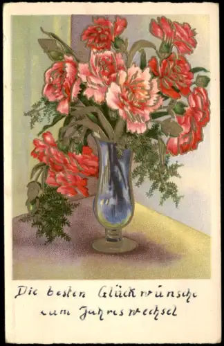 Ansichtskarte  Rote Nelken in blauer Vase 1910