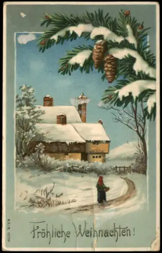 Ansichtskarte  Verschneites Haus mit Tannenast und Zapfen, Weihnachten 1907
