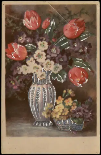 Ansichtskarte  Blumenstillleben mit Tulpen und Primeln in silberner Vase 1910