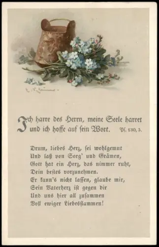 Blumenstrauß mit Vergissmeinnicht und Psalm, Ich harre des Herrn 1921