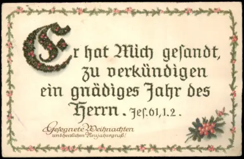 Religiöse Grußkarte  Bibelvers Jesaja 61, 1-2  Rosenbordüre, Neujahrsgrüße 1910