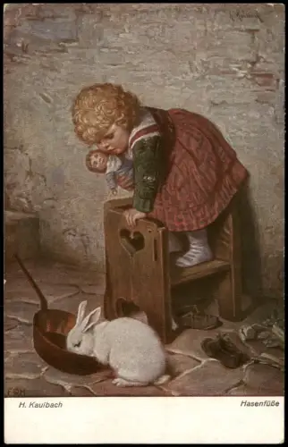 Hasenfüße - Mädchen mit Puppe hat angst vor weißem Kaninchen 1915