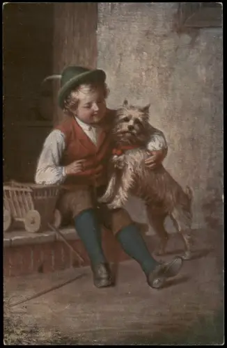 Ansichtskarte  Junge in Tracht mit Hund und Spielzeugwagen 1910