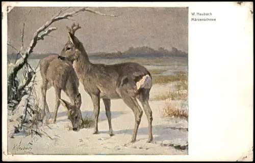 Ansichtskarte  Wilhelm Heubach: Märzenschnee - Rehe im Winter 1910