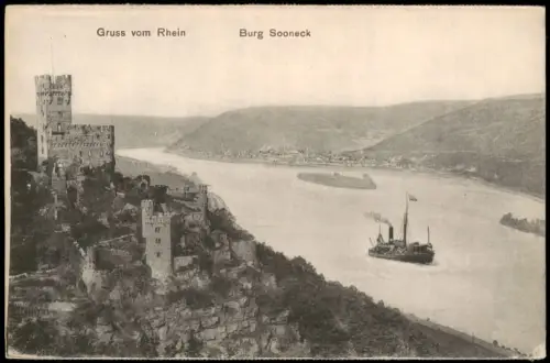 Ansichtskarte Mainz Burg Sooneck am Rhein mit Dampfer 1910