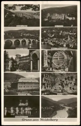 Heidelberg Mehrbildkarte mit Schloss, Alter Brücke und Universität 1934