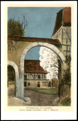 Ansichtskarte Kohren-Sahlis Pfarrhaus nach Aquarell von J. Redlich 1928