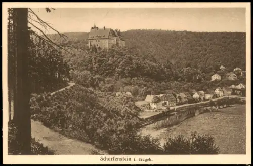 Ansichtskarte Scharfenstein-Drebach (Erzgebirge) Schloß und Stadtpartie 1928