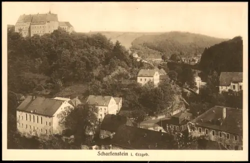 Ansichtskarte Scharfenstein-Drebach (Erzgebirge) Stadtpartie und Schloß 1928