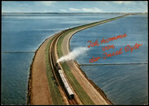 Westerland-Sylt Hindenburgdamm, Personenzug v. Flugzeug aus, Luftbild 1971