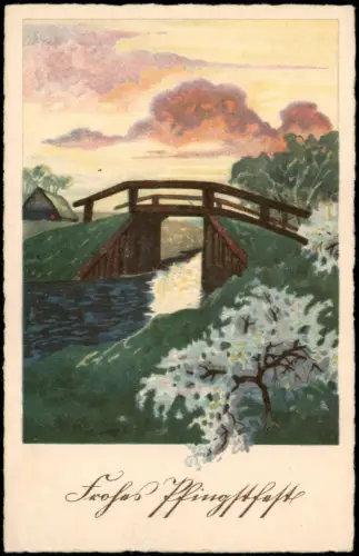 Pfingsten: Idyllische Landschaft mit Holzbrücke und blühenden Sträuchern 1915
